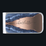 Blue agate marble rose gold name script silver finish money clip<br><div class="desc">A dark blue and rose gold agate,  marble stone print as background. Personalize and add your name. The name is written with a modern hand lettered style script with swashes. 
To keep the swashes only delete the sample name,  leave the spaces or emoji's in front and after the name.</div>