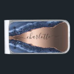 Blue agate marble rose gold name script silver finish money clip<br><div class="desc">A dark blue and rose gold agate,  marble stone print as background. Personalize and add your name. The name is written with a modern hand lettered style script with swashes. 
To keep the swashes only delete the sample name,  leave the spaces or emoji's in front and after the name.</div>