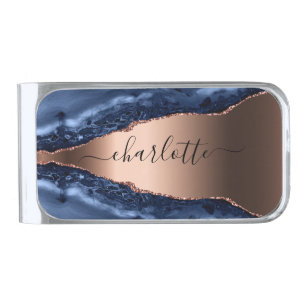Blue agate marble rose gold name script silver finish money clip