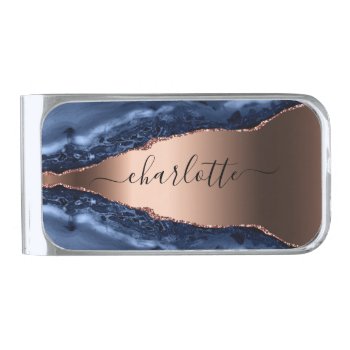 Blue Agate Marble Rose Gold Name Script Silver Finish Money Clip by Thunes at Zazzle