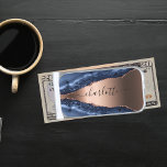 Blue agate marble rose gold name script silver finish money clip<br><div class="desc">A dark blue and rose gold agate,  marble stone print as background. Personalize and add your name. The name is written with a modern hand lettered style script with swashes. 
To keep the swashes only delete the sample name,  leave the spaces or emoji's in front and after the name.</div>
