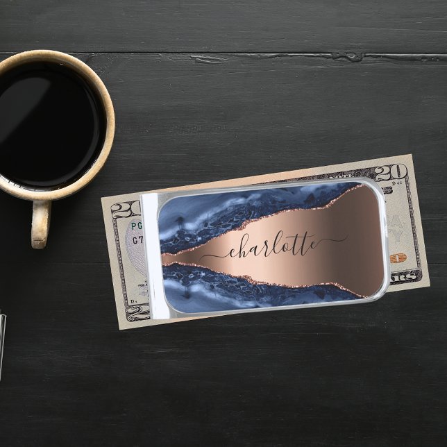 Blue agate marble rose gold name script silver finish money clip (Creator Uploaded)