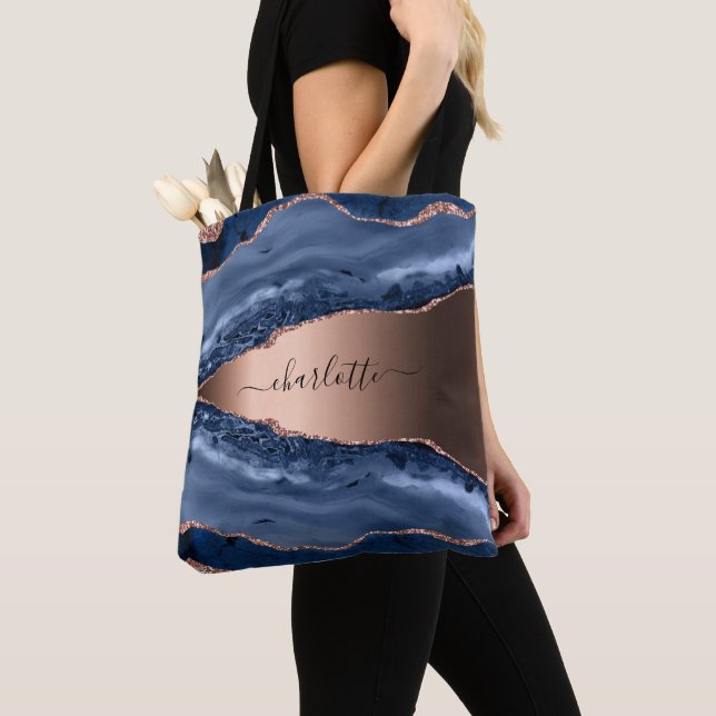 Blue agate marble rose gold name script tote bag (Close Up)