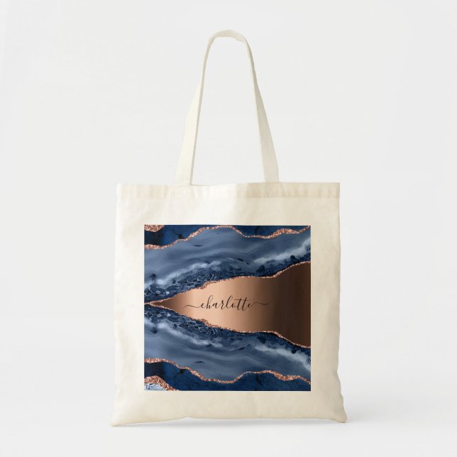 Blue agate marble rose gold name script tote bag (Front)