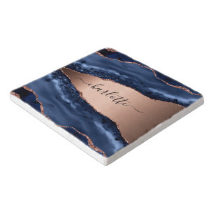Blue agate marble rose gold name script trivet