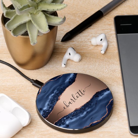 Blue agate marble rose gold name script wireless charger  (Desk 2)
