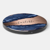 Blue agate marble rose gold name script wireless charger  (Front 2)