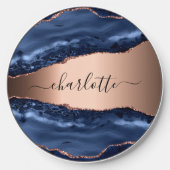 Blue agate marble rose gold name script wireless charger  (Front)