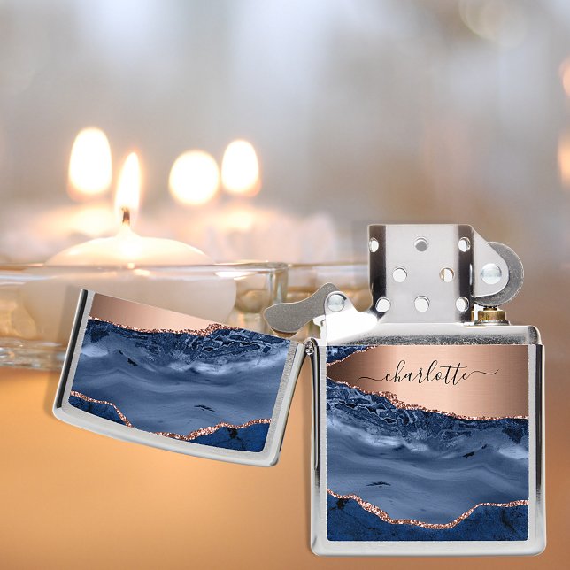 Blue agate marble rose gold name script  zippo lighter (Creator Uploaded)