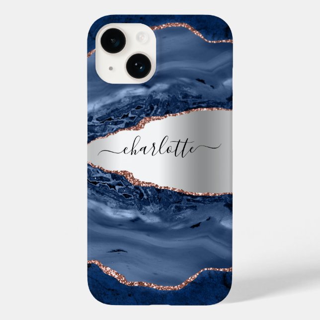 Blue agate marble rose gold silver name script Case-Mate iPhone case (Back)