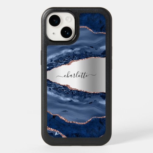 Blue agate marble rose gold silver name script OtterBox iPhone 14 case