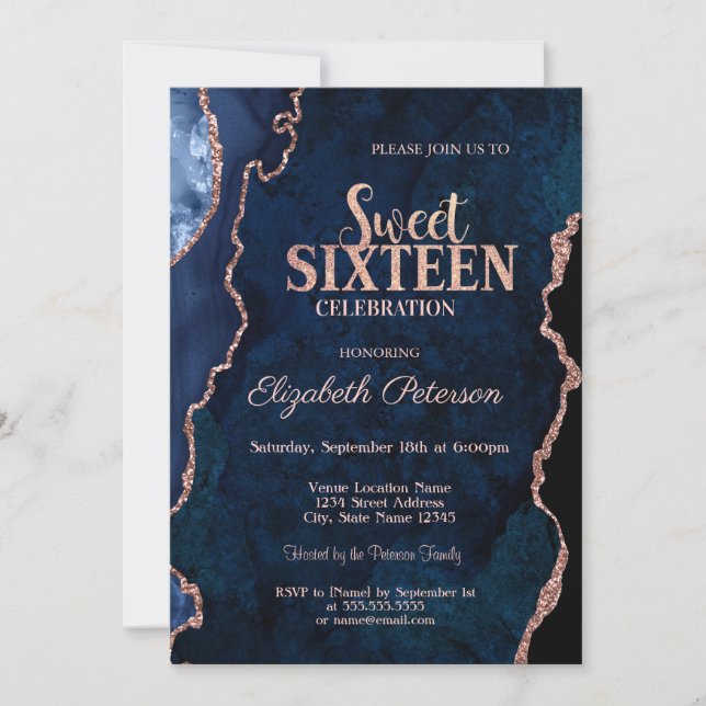 Blue Agate Marble Rose Gold Sweet 16 Invitation (Front)