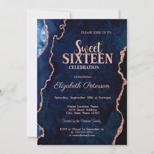 Blue Agate Marble Rose Gold Sweet 16 Invitation