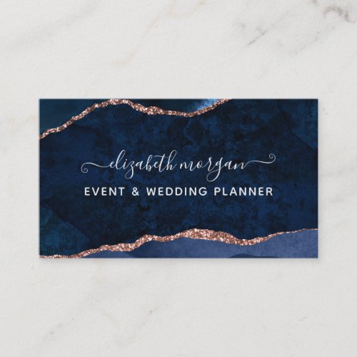 Blue Agate Marble Rose Gold Watercolor Script Business Card