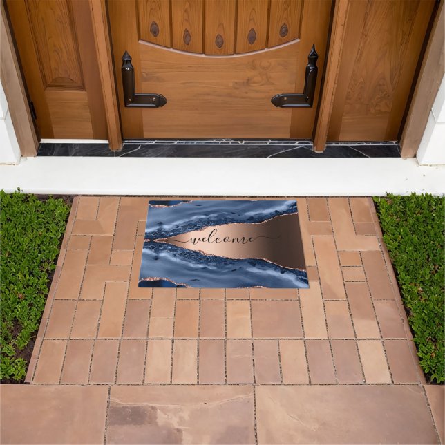 Blue agate marble rose gold welcome script doormat (Outdoor)