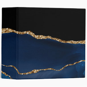 Blue Agate Marble Shiny Golden Glitter Chic Glam 3 Ring Binder