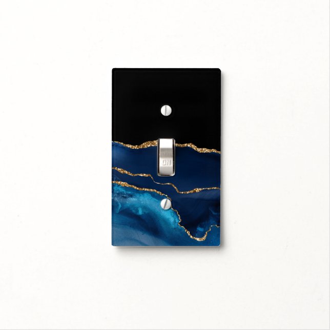 Blue Agate Marble Shiny Golden Glitter Chic Glam Light Switch Cover (In Situ)