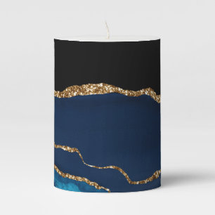 Blue Agate Marble Shiny Golden Glitter Chic Glam Pillar Candle