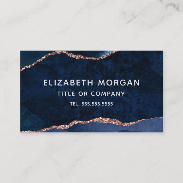 Blue Agate Marble Watercolor Rose Gold Glitter Business Card (Front)