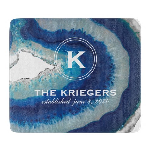 Blue Agate Monogram Wedding Cutting Board