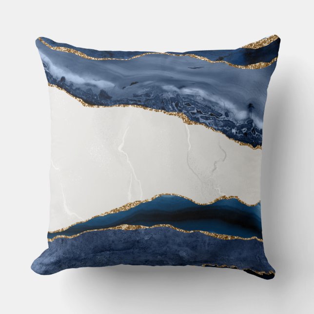 Blue Agate on Marble with Gold Throw Pillow (Front)