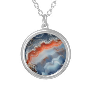 Blue Agate Pattern Silver Plated Necklace
