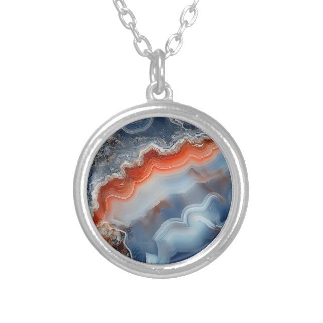 Blue Agate Pattern Silver Plated Necklace (Front)