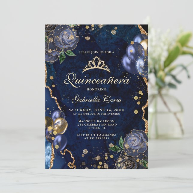 Blue Agate Photo Quinceanera  Invitation (Standing Front)