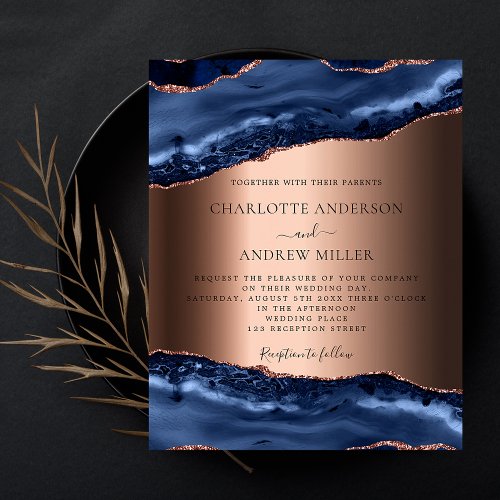 Blue agate rose gold budget wedding invitation flyer