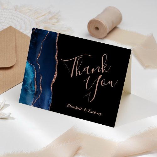 Blue Agate Rose Gold Dark Wedding Thank You Card