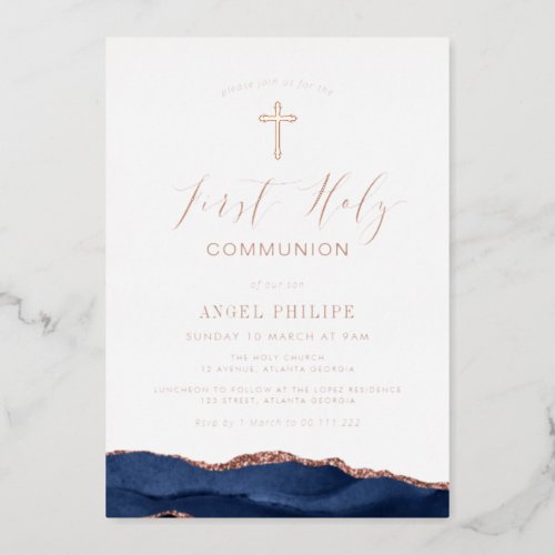 blue agate script first communion foil invitation