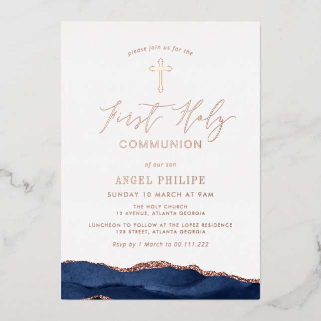 blue agate script first communion foil invitation (Front)