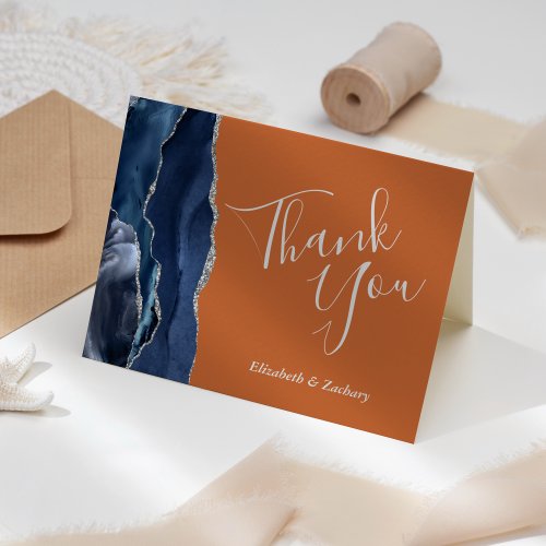 Blue Agate Silver Burnt Orange Wedding Thank You Card