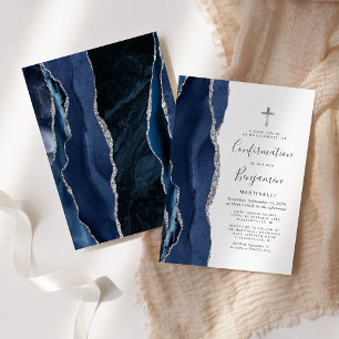 Blue Agate Silver Glitter Confirmation Invitation