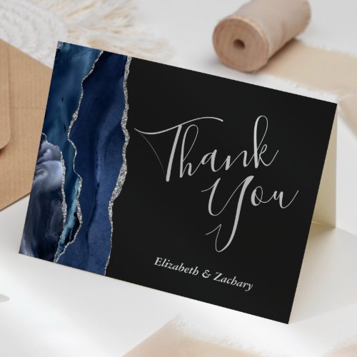 Blue Agate Silver Glitter Dark Wedding Thank You Card