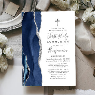 Blue Agate Silver Glitter First Holy Communion Invitation