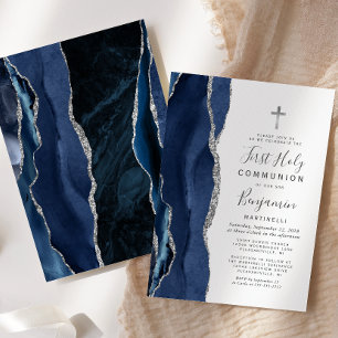 Blue Agate Silver Glitter First Holy Communion Invitation