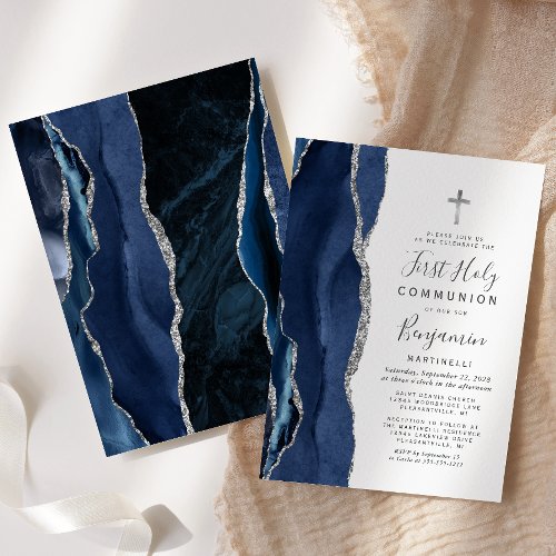 Blue Agate Silver Glitter First Holy Communion Invitation