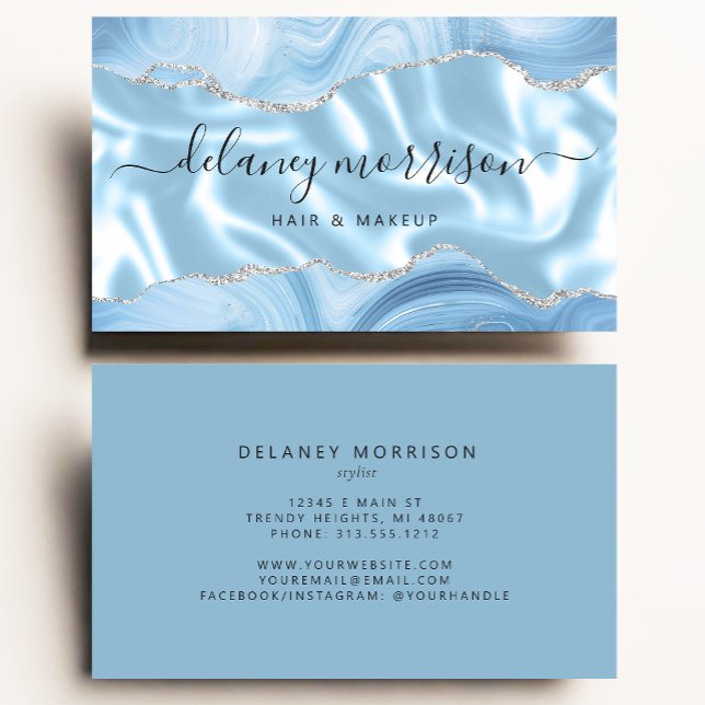 Blue Agate Silver Glitter Luxury Business Card (Creator Uploaded)