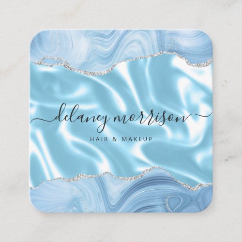 Blue Agate Silver Glitter Luxury Rounded Corners Square Business Card