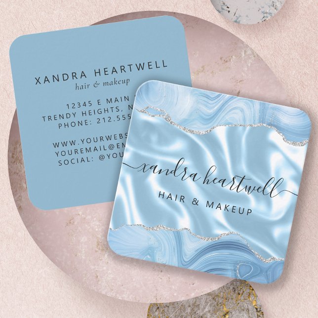 Blue Agate Silver Glitter Luxury Rounded Corners Square Business Card (Creator Uploaded)