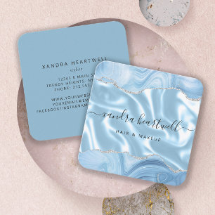 Blue Agate Silver Glitter Luxury Rounded Corners Square Business Card