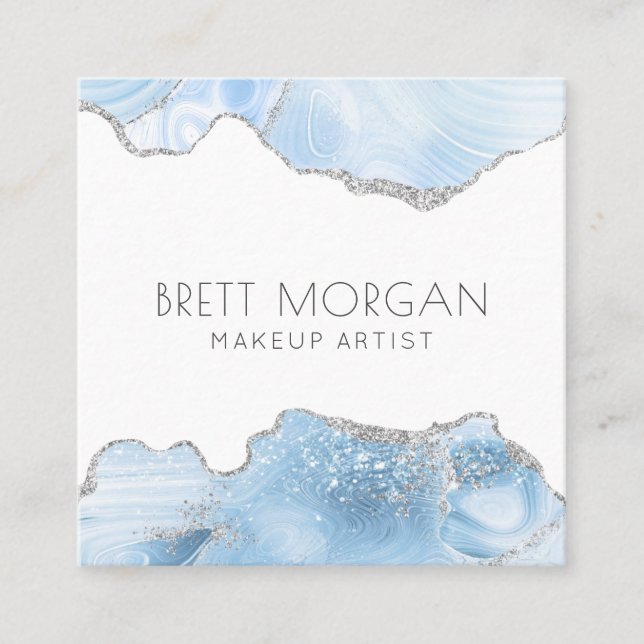 Blue Agate Silver Glitter Makeup Artist  Square Business Card (Front)