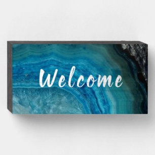 Blue Agate Stone Geode Modern Home Party Wooden Box Sign