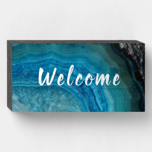 Blue Agate Stone Geode Modern Home Party Wooden Box Sign