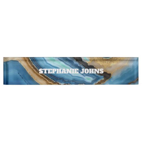 Blue Agate Turquoise Gold Custom Name Monogram Desk Name Plate