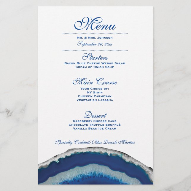 Blue Agate Wedding Dinner Menu (Front)