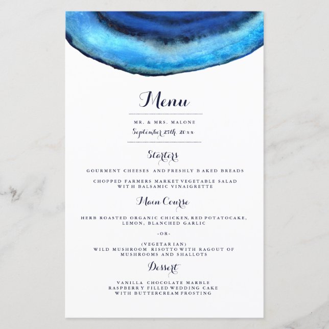 Blue Agate Wedding Dinner Menu (Front)