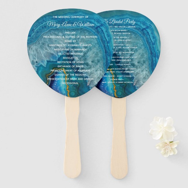 Blue Agate Wedding Program Hand Fan (Front and Back)