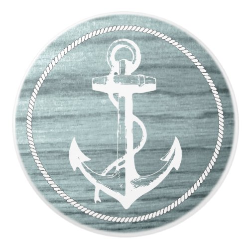 Blue Aged Wood Look Print with Nautical Anchor Ceramic Knob